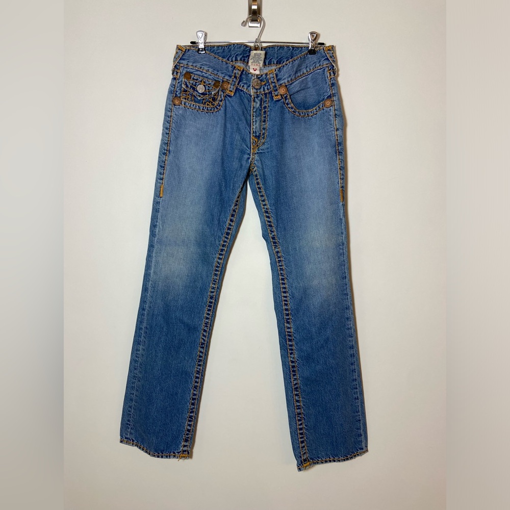 True Religion Joey Super T Men's Jeans Blue/Orange Stitching Sz 32 Straight Leg